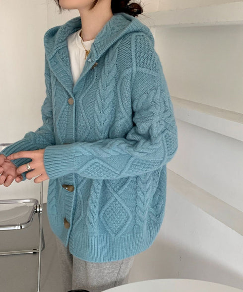 フード付きホーンボタンニットジャケット